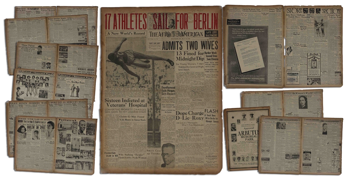 ''The Afro-American'' Newspaper From July 1936 -- ''17 ATHLETES SAIL FOR BERLIN'' in Red At Top of Front Page
